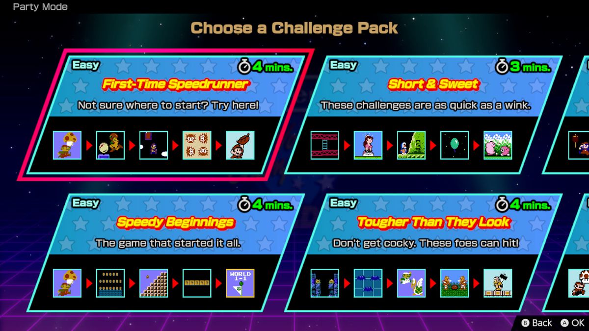 Une capture d'écran du menu des packs de défis disponibles en mode Fête dans Nintendo World Championships : NES Edition.