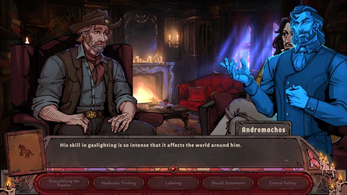 Capture d'écran du jeu de roman visuel Vampire Therapist montrant le personnage du joueur Sam, un cow-boy, à droite, en train de parler à un acteur dramatique à droite. Ici, l'esprit bleu du professeur thérapeute vampirique Andromachos a interrompu parce que Sam - le joueur - s'était trompé sur l'une de ses hypothèses.