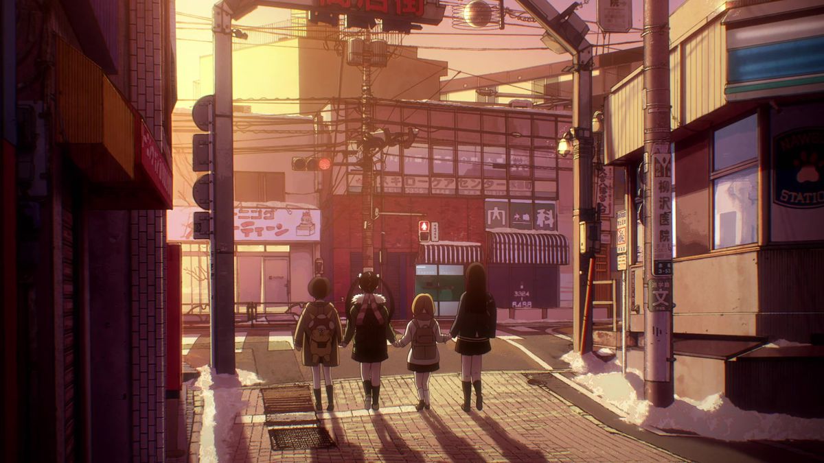 Quatre filles se tenant la main et marchant ensemble dans une rue de Tokyo au coucher du soleil dans Dead Dead Demons Dededede Destruction.