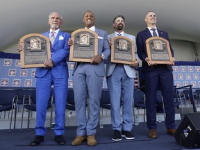 Intronisés, de gauche à droite : Jim Leyland, Adrian Beltre, Todd Helton et Joe Mauer