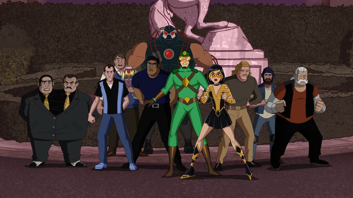 Group shot of the main protagonist villains in Kite Man: Hell Yeah! series premiere