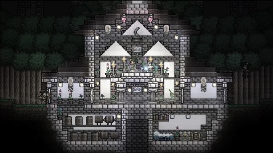 Mods Terraria : Link de Legend of Zelda est assis à l'intérieur d'une maison en deux dimensions.