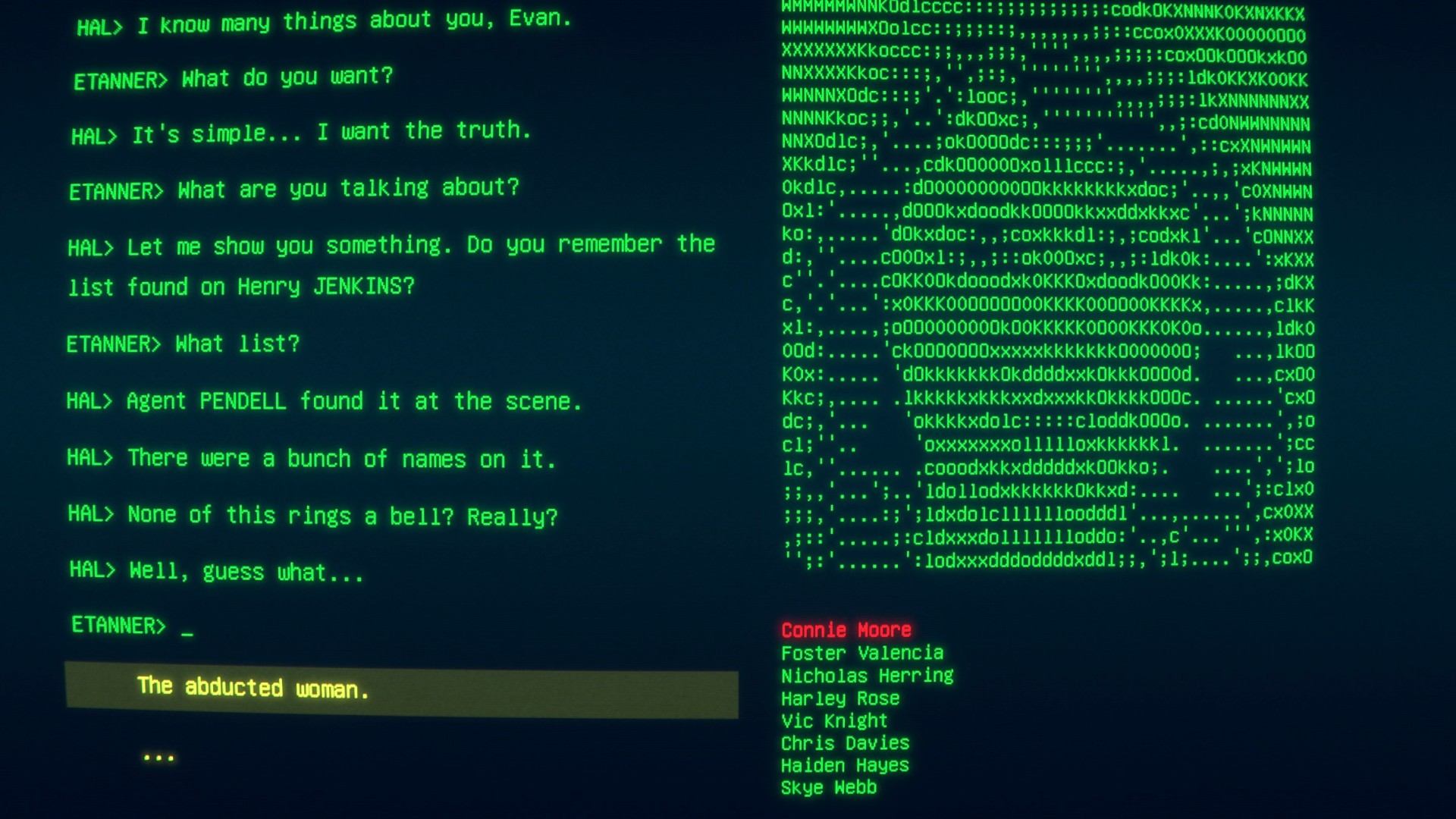 Critique de The Operator : Une capture d'écran de The Operator montrant un écran CRT recouvert de texte vert, une image ASCII d'une femme à droite et une conversation à gauche entre un pirate informatique et un agent fédéral.