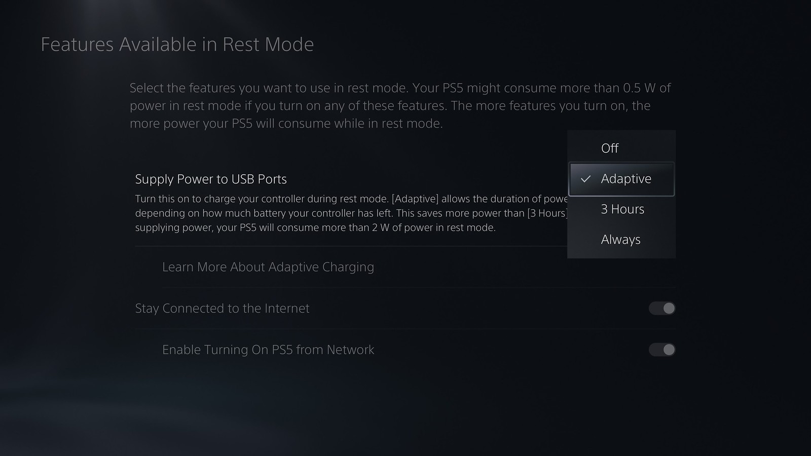 Capture d'écran de l'interface utilisateur de la PS5 montrant l'option de charge adaptative dans le menu des paramètres