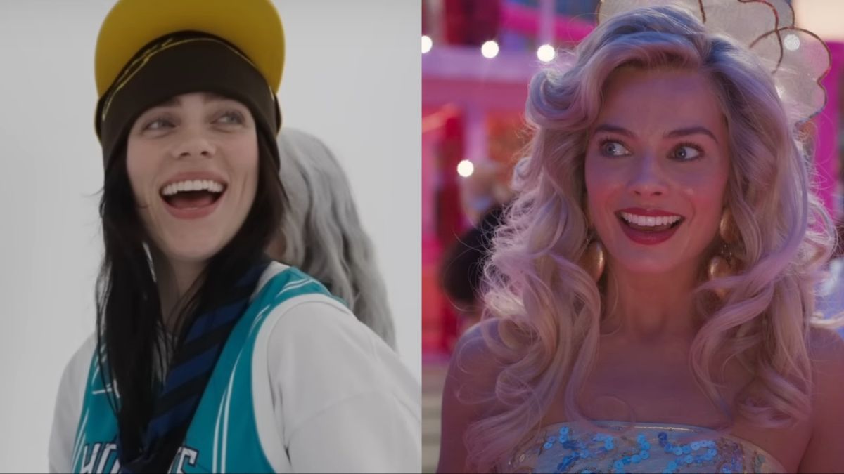 Billie Eilish laughing in Lunch behind the scenes and Margot Robbie dancing in Barbie