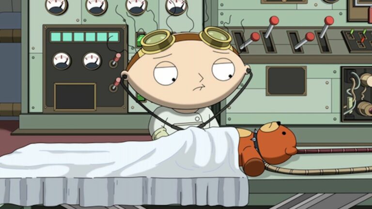 Stewie as Dr. Frankenstein and Rupert as the Monster in Family Guy