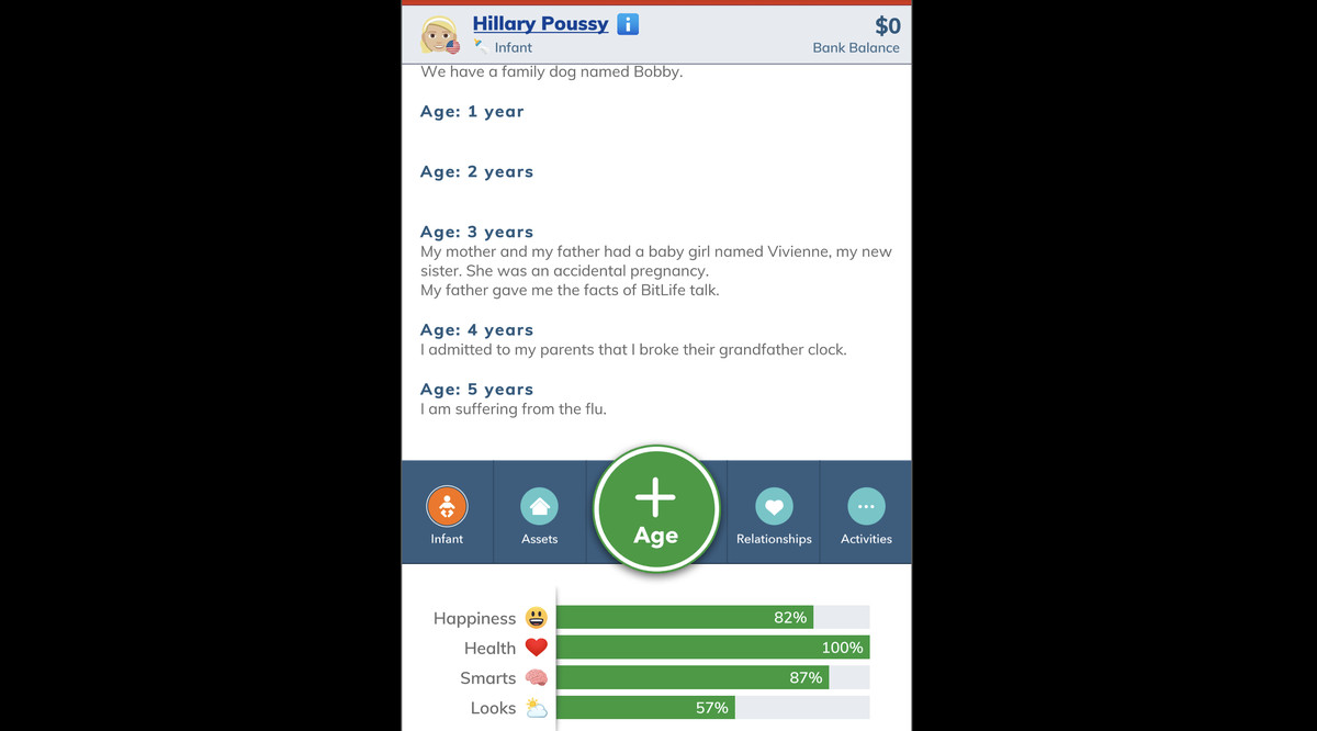 Un écran avec du texte décrivant une vie et affichant des statistiques sur le bonheur, la santé, l'intelligence et l'apparence