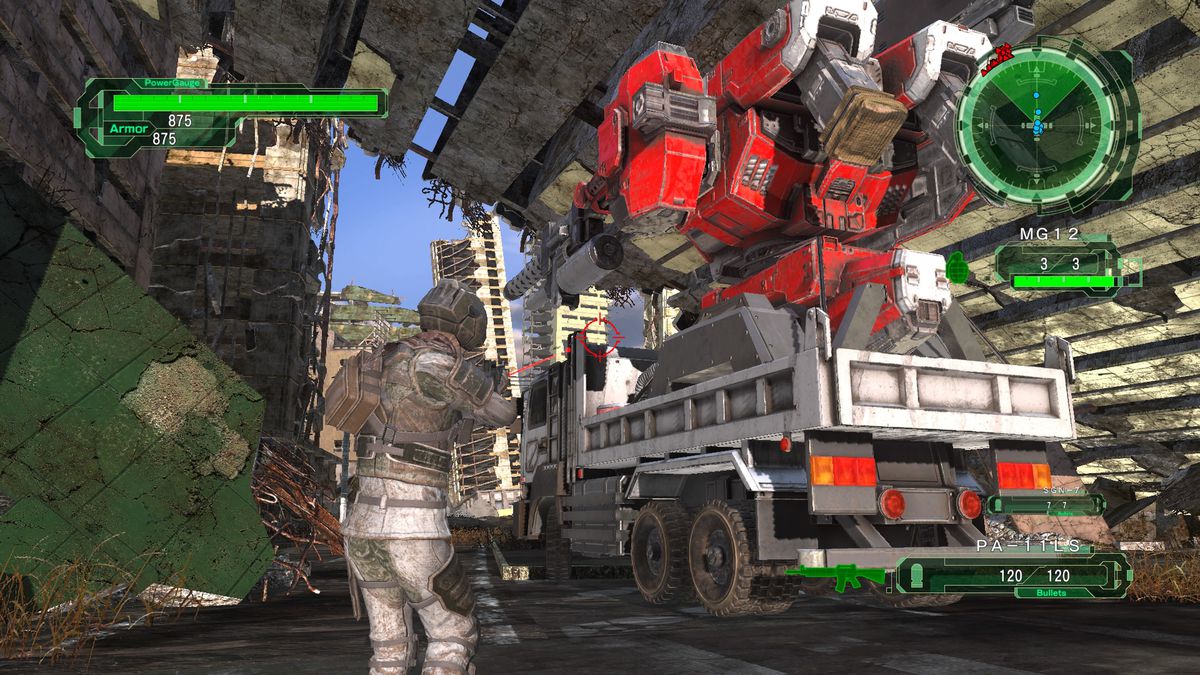 Un soldat marche à côté d'une arme géante et roulante dans Earth Defense Force 6.