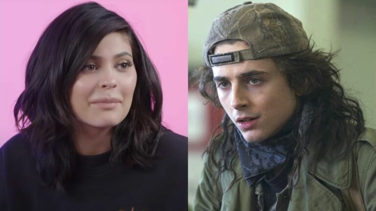 In side-by-side images, Kylie Jenner is shown in front of a pink background during a GQ interview, and Timothee Chalamet is shown in a Netflix press image in a scene from Don