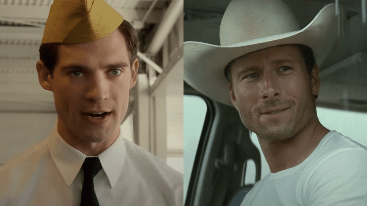 David Corenswet in Hollywood/Glen Powell in Twisters (side by side) 