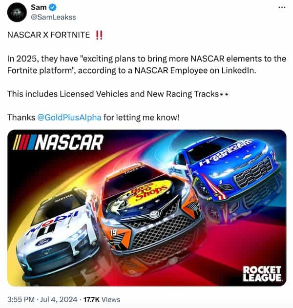 Selon certaines fuites, une collaboration Fortnite X Nascar serait en préparation.