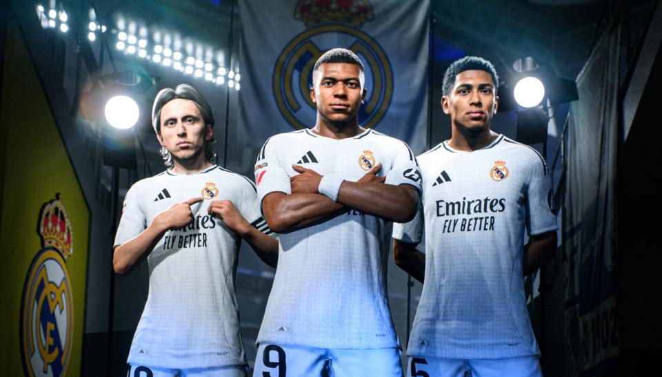 Luka Modric, Kylian Mbappe et Jude Bellingham du Real Madrid dans EA Sports FC 25.