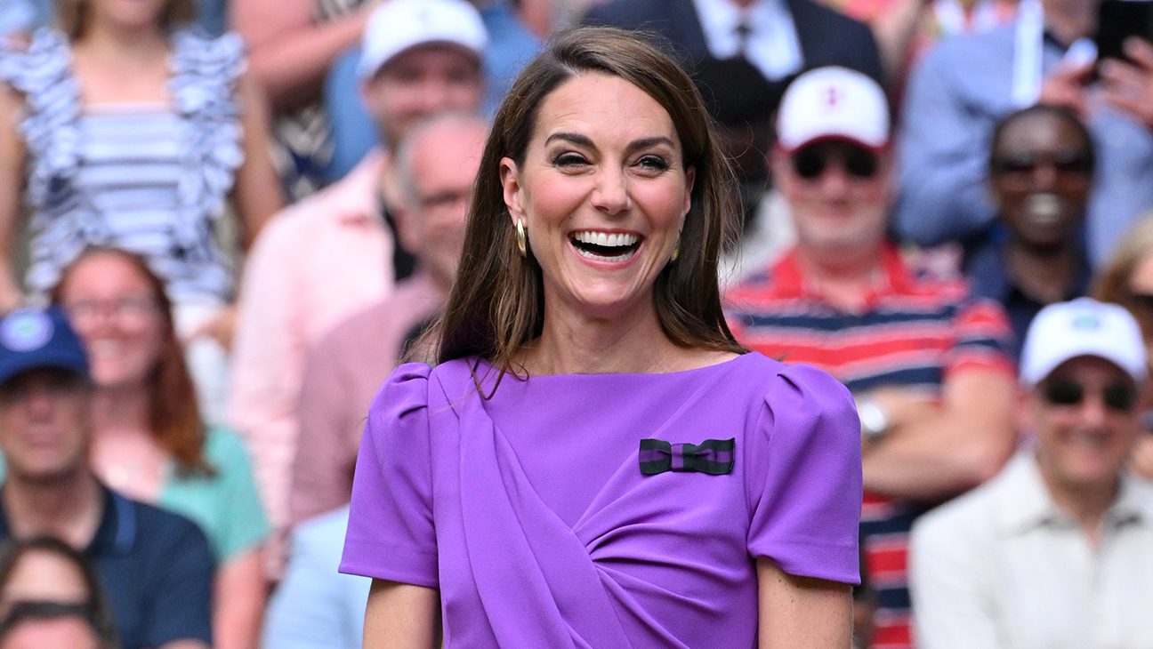 Kate, Princess of Wales, stands on court to present the trophy to the winner of the men's final on day fourteen of the Wimbledon Tennis Championships at the All England Lawn Tennis and Croquet Club on July 14 in London