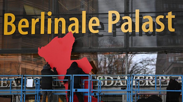 09 February 2024, Berlin: The Berlinale Bear will be mounted on the façade of the Berlinale Palastn. The Berlinale takes place from February 15 to 25. Photo: Britta Pedersen/dpa (Photo by Britta Pedersen/picture alliance via Getty Images)