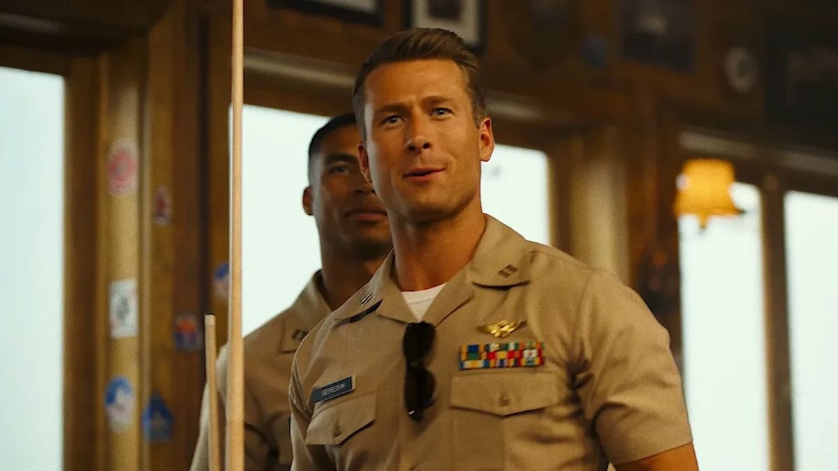 Glen Powell in uniform as Hangman in Top Gun: Maverick