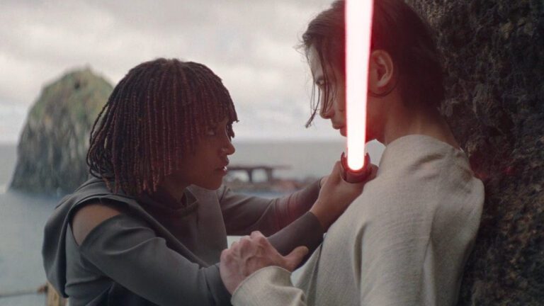 Osha holds a lightsaber to Qimir/The Stranger's neck in The Acolyte Season 1, Episode 6