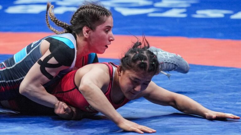 ISTANBUL, TURKIYE - MAY 11: Turkish National Wrestler Zeynep Yetgil, competes with Shokhida Akhmedova during the World Olympic Qualifications in Istanbul, Turkiye on May 11, 2024. Yetgil, secure her place in the Paris 2024 Olympic Games by triumphing over her opponent Shokhida Akhmedova with a score of 10-0 in the women