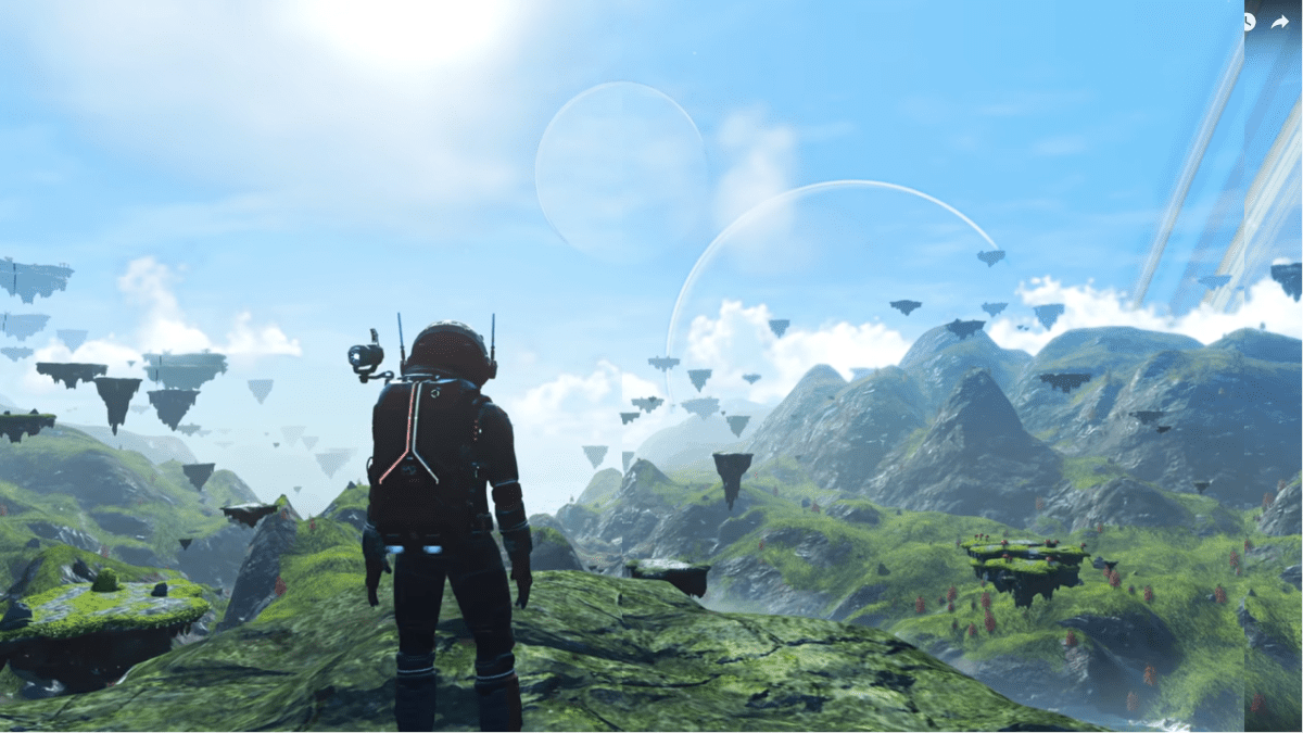 No Man's Sky player looking out at floating islands