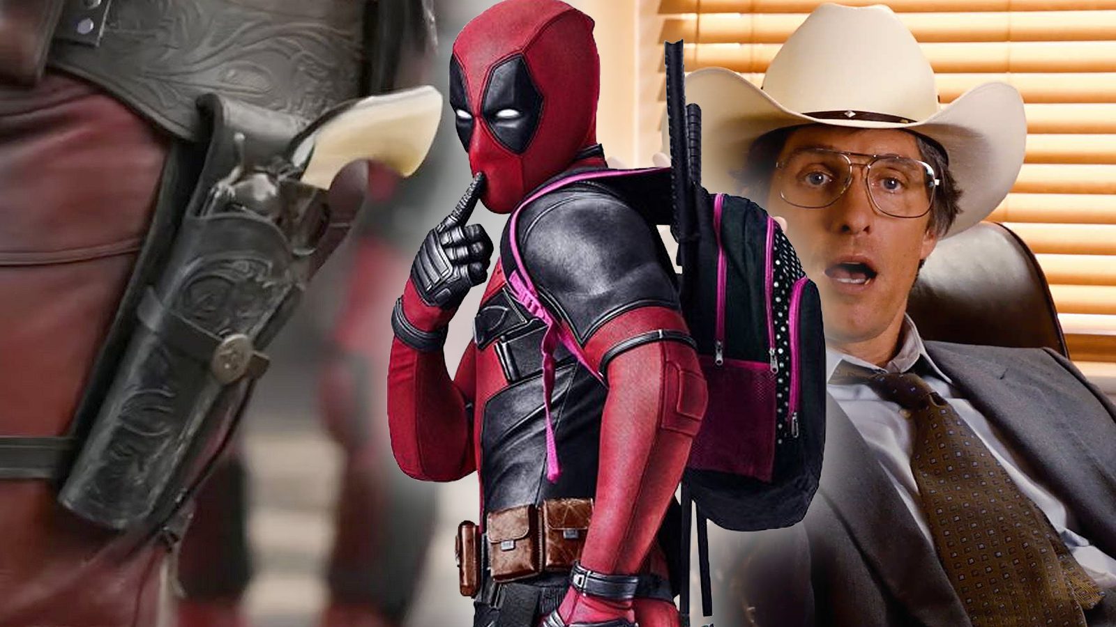 Combined images of Deadpool, Cowboypool's holstered revolver, and Matthew McConaughey in a cowboy hat