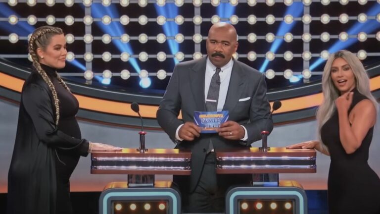 Steve Harvey oversees Family Feud game between Kim Kardashian and Khloe Kardashian