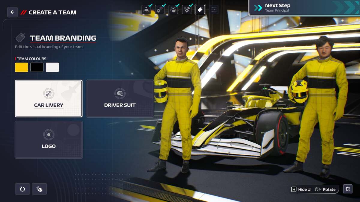 Critique de F1 Manager 2024 : Albon et Tsunoda en combinaisons de course jaunes debout devant une voiture F1 jaune.