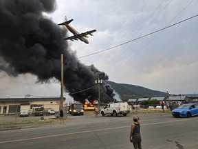 Des gens regardent un avion survoler un feu de forêt.