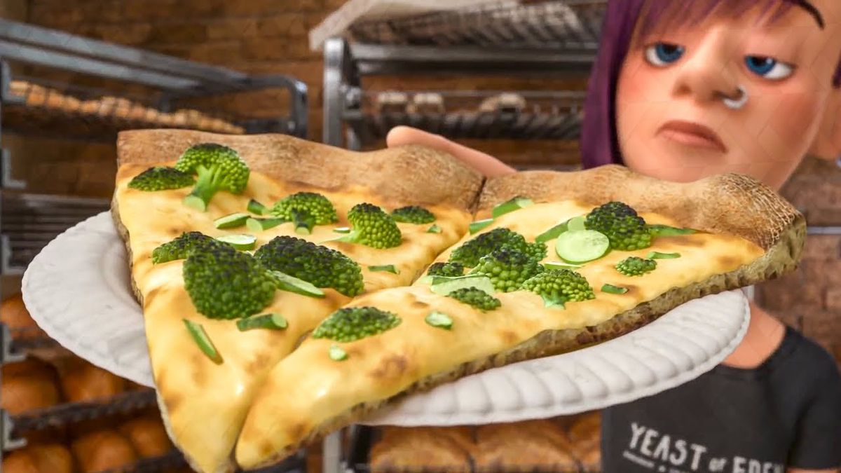 Une tranche de pizza animée avec du brocoli dessus