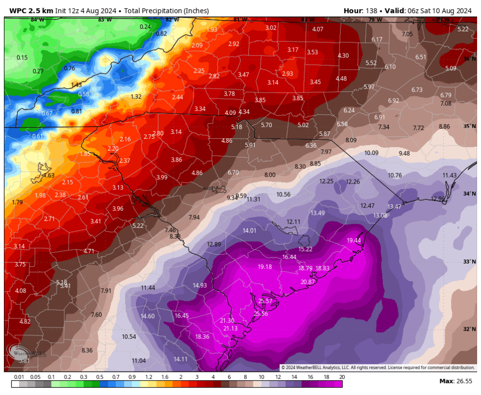 Prévisions d'accumulation de précipitations pour la semaine prochaine selon la NOAA.