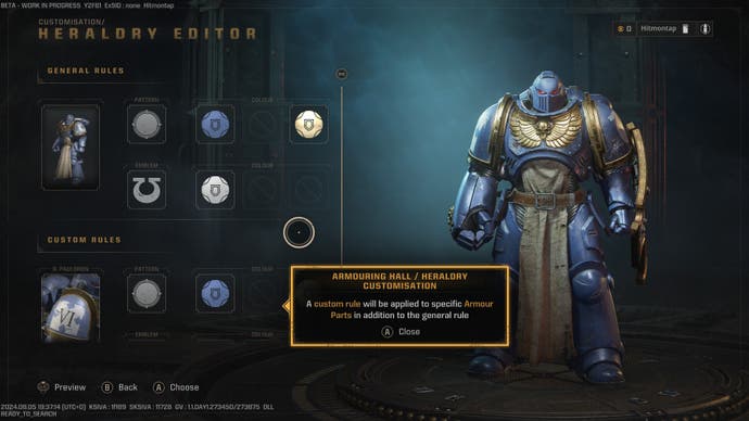 Le menu de l'éditeur d'héraldique dans Warhammer 40K: Space Marine 2.