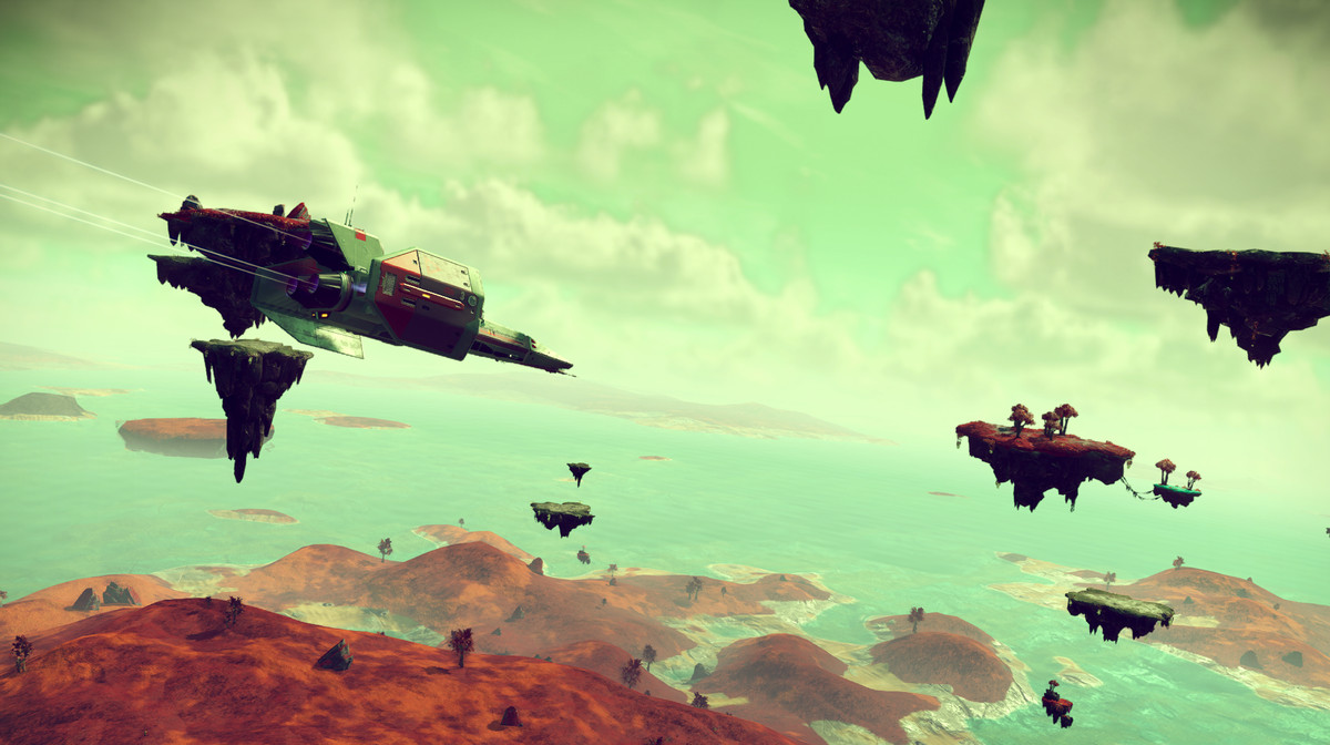 Dans No Man's Sky, un vaisseau spatial vole au-dessus de la surface d'une planète. Le ciel est cyan et la terre est couverte d'herbes rouges. Dans les airs flottent des plates-formes terrestres.