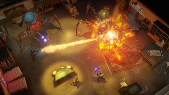 Wasteland 3 : les humains combattent une araignée mécanique géante à l'aide de lance-flammes