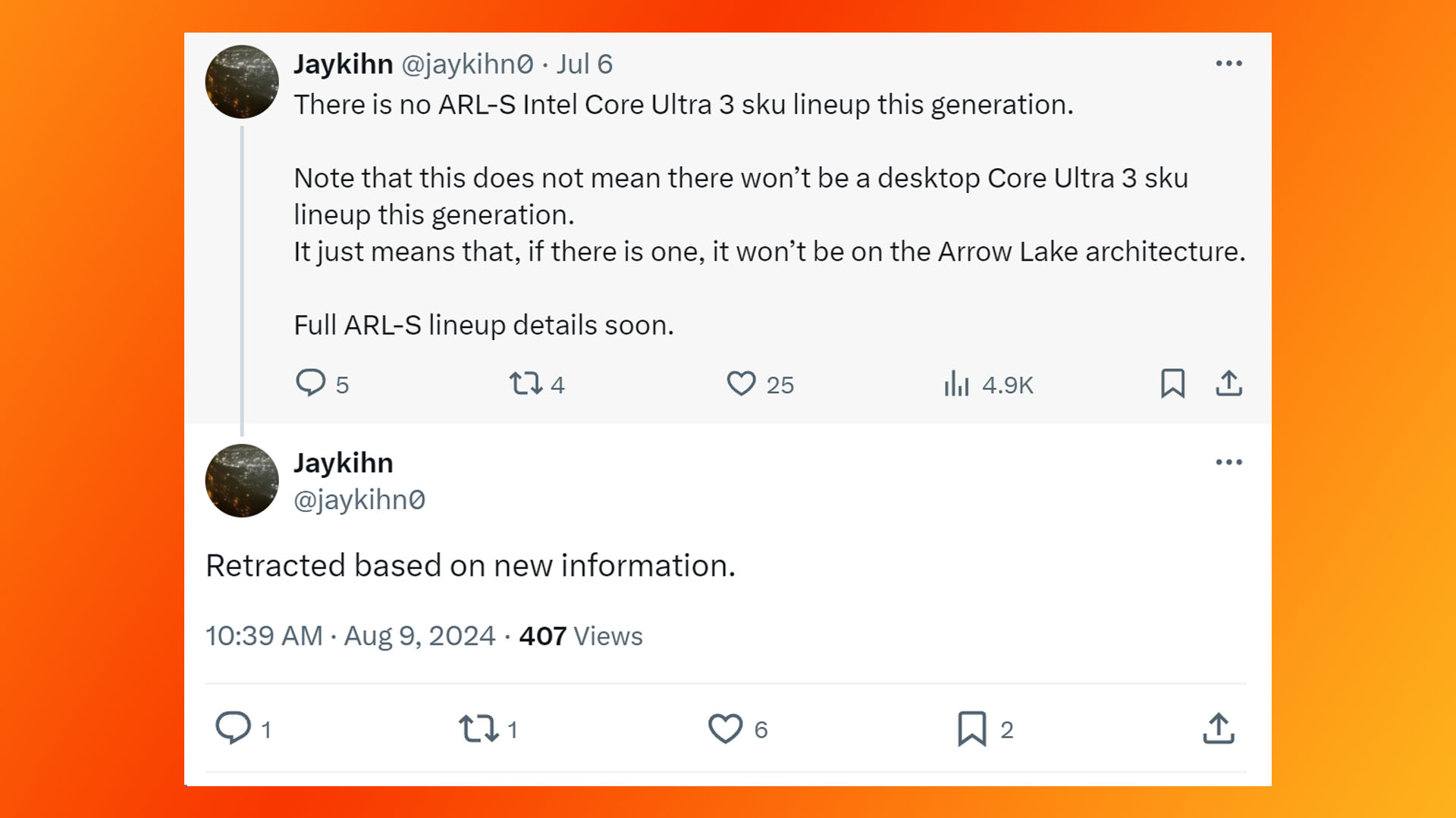 Retrait du processeur Intel Core Ultra 3 Arrow Lake - Capture d'écran du tweet de Jaykihn