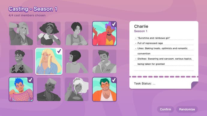 Une grille de profils de personnages, chacun avec une liste de particularités de personnalité dans The Crush House.