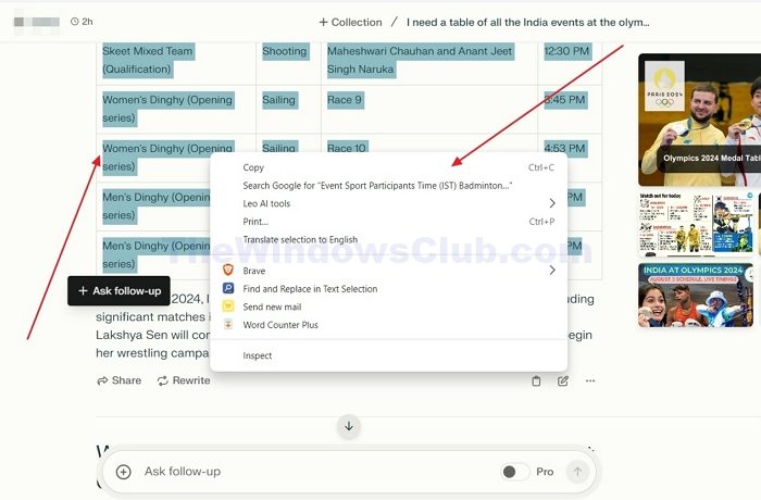 Copier un tableau dans Perplexity Ai