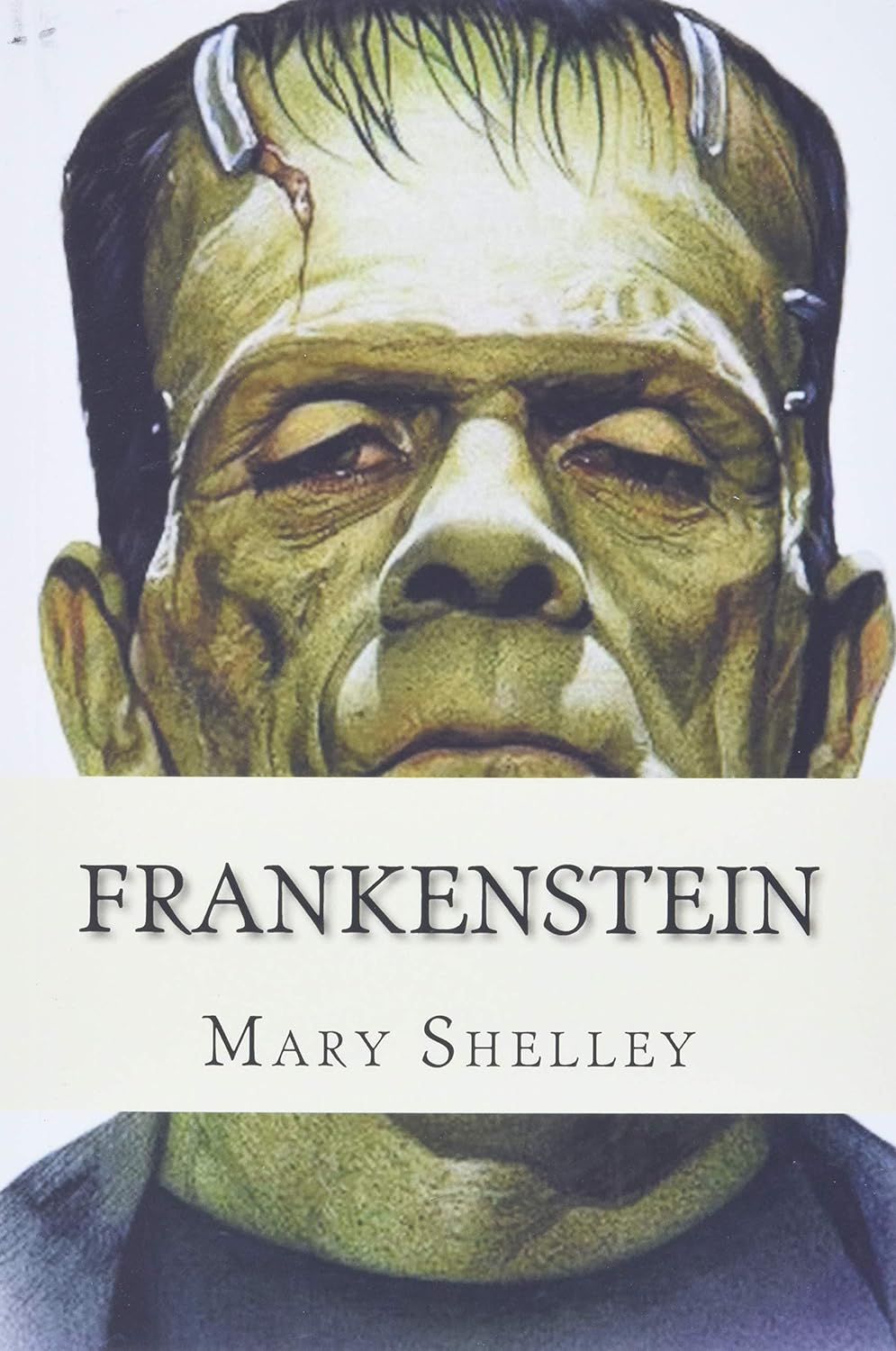 La couverture de Frankenstein de Mary Shelley, avec l'image du monstre derrière le titre 