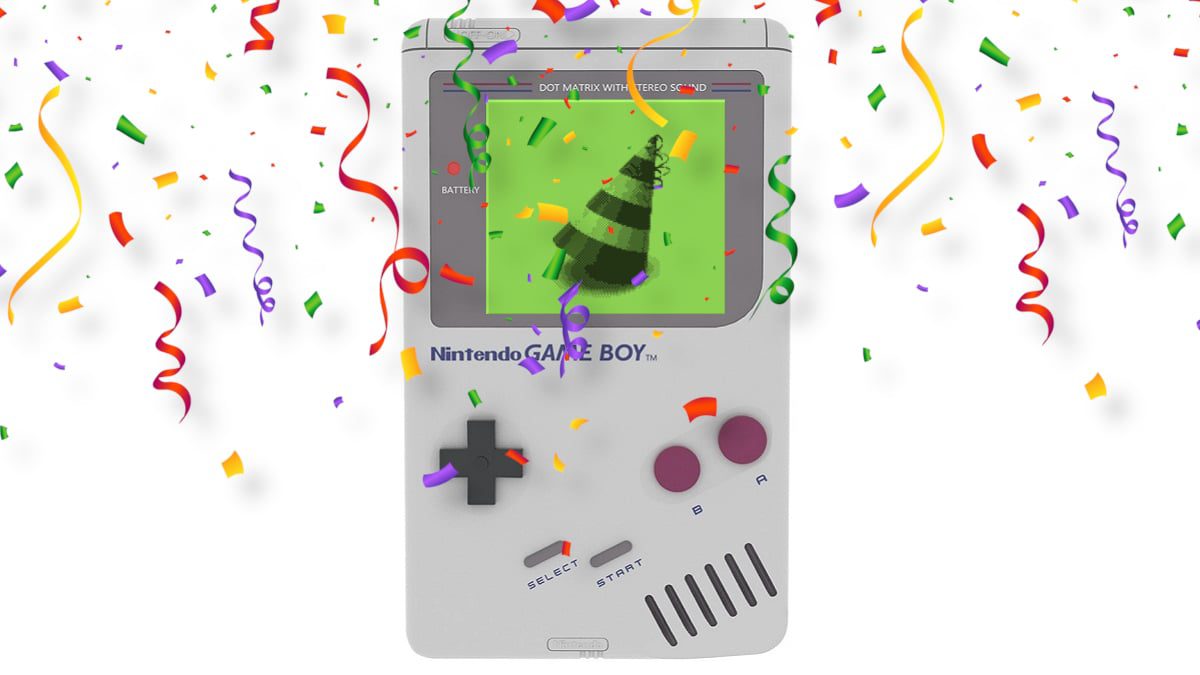 A Nintendo Game Boy on a white background with party confetti falling down.