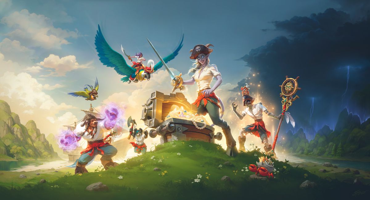 Illustration clé du mode Plunderstorm de World of Warcraft Battle Royale, montrant des personnages déguisés en pirates ouvrant un coffre au trésor