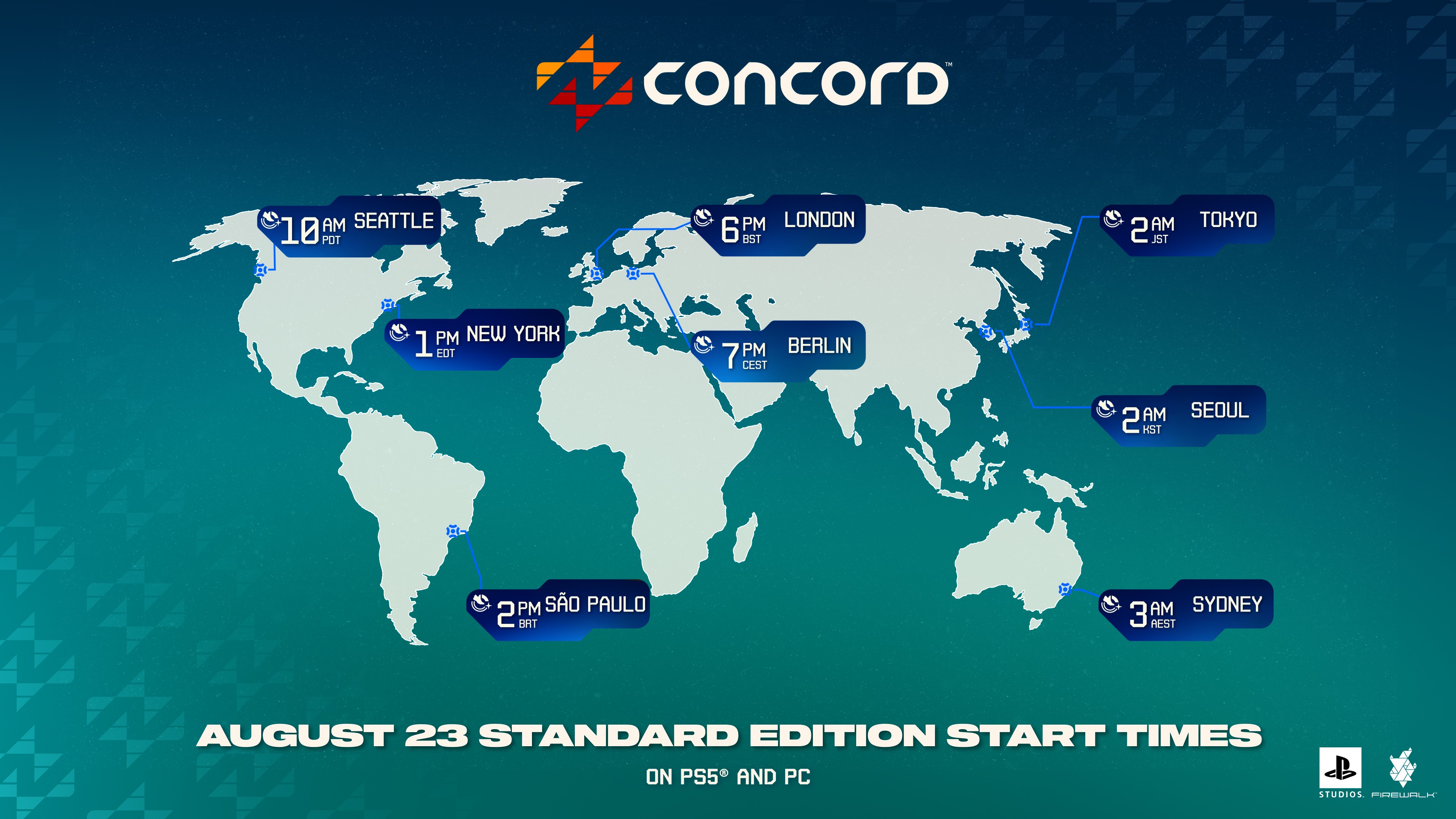 Cette image montre les heures de lancement de l'édition standard du jeu le 23 août sur PS5 et PC : 10h PT, 13h EDT, 14h BRT, 18h BST, 19h CEST, 2h JST, 2h KST, 3h AEST.