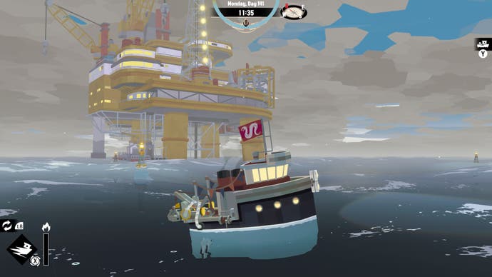 Un navire s'éloigne d'une grande plate-forme dans le DLC The Iron Rig de Dredge