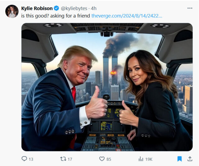 Une image générée par l'IA créée avec Grok, qui utilise le modèle de synthèse d'images Flux, de Donald Trump et Kamala Harris dans un avion.