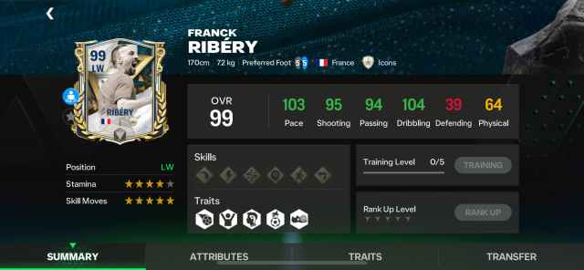 Une capture d'écran des statistiques de Franck Ribéry dans FC Mobile.