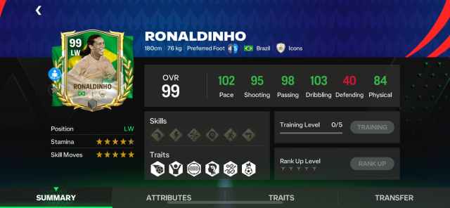 Une capture d'écran des statistiques de Ronaldinho dans FC Mobile.