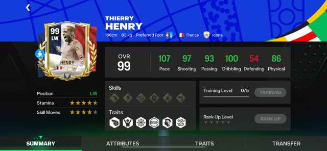 Une capture d'écran des statistiques de Thierry Henry dans FC Mobile.