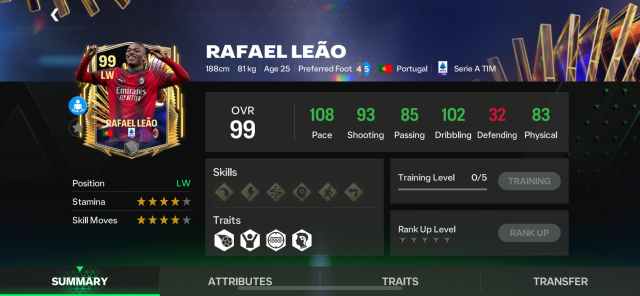 Une capture d'écran des statistiques de Rafael Leão dans FC Mobile.