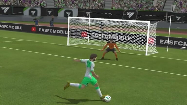 An image of a forward player shooting while the goalie defends in FC Mobile.