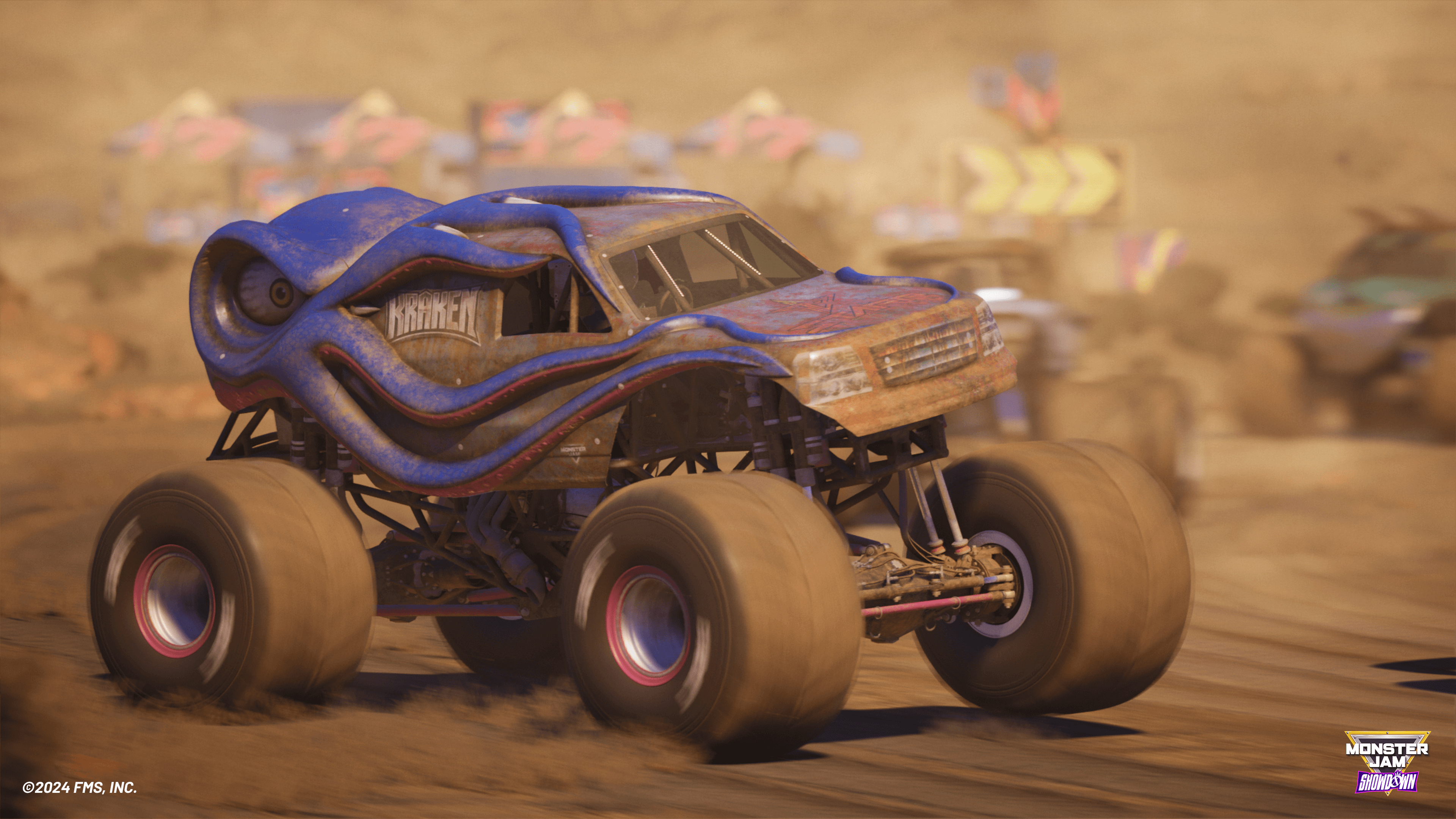 Le Monster Jam Truck Kraken soulève la poussière lors d'une course. 