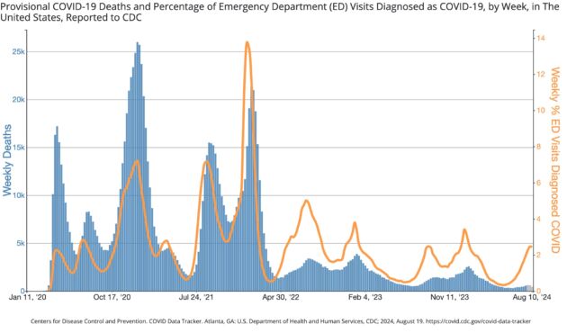 Visites aux urgences (orange) et décès (bleu).