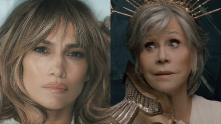 Jennifer Lopez pictured looking upset in bed and Jane Fonda pictured looking concerned in This Is Me...Now.