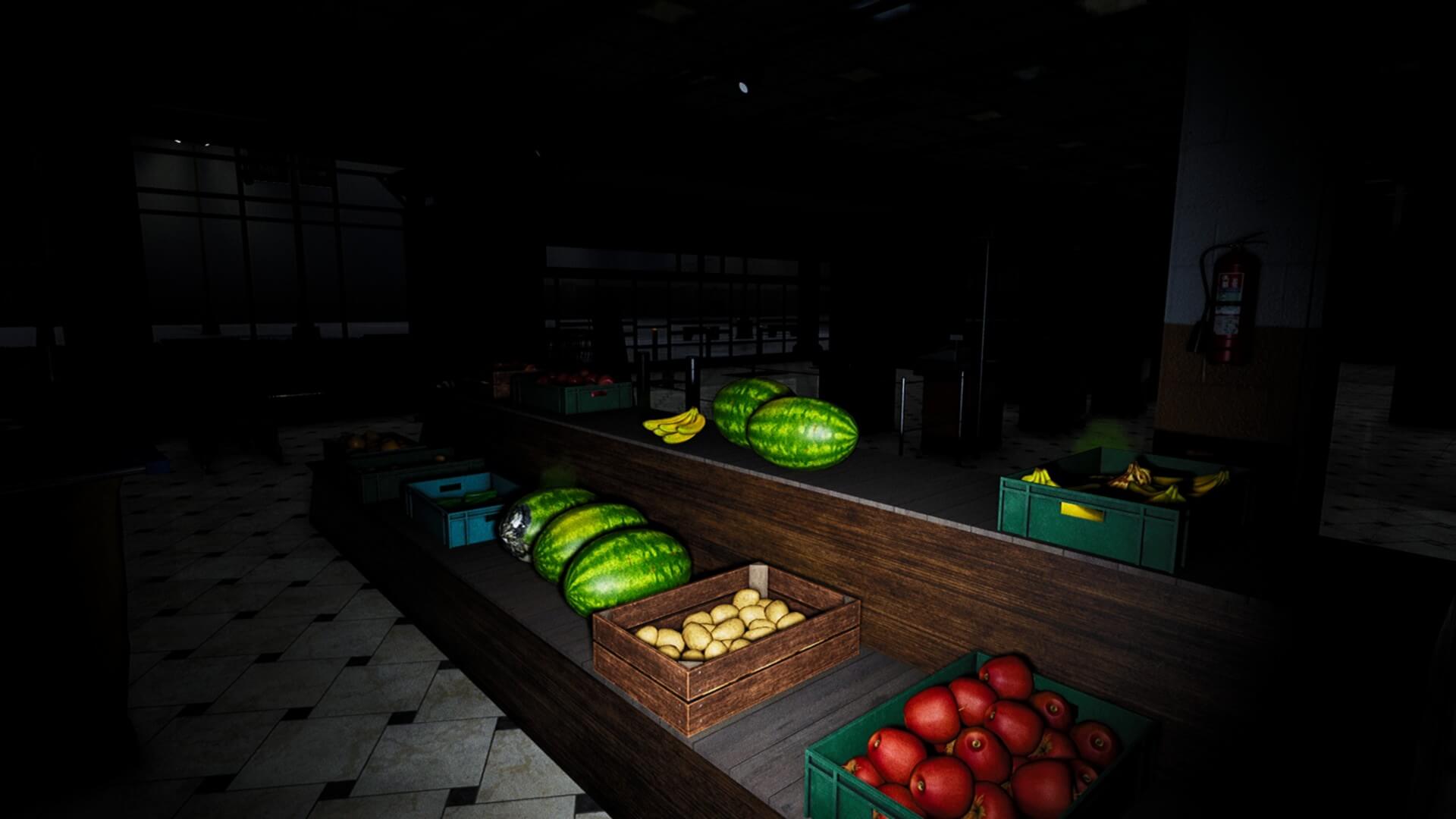 Le joueur se trouve dans un supermarché sans lumière. Au centre de l'image se trouve un présentoir de fruits sur lequel sont disposés divers fruits. Certains sont moisis et doivent être retirés par le joueur.