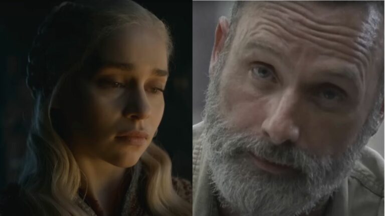 Emilia Clarke and Andrew Lincoln, both pictured wearing somber expressions, in Game of Thrones and The Walking Dead.